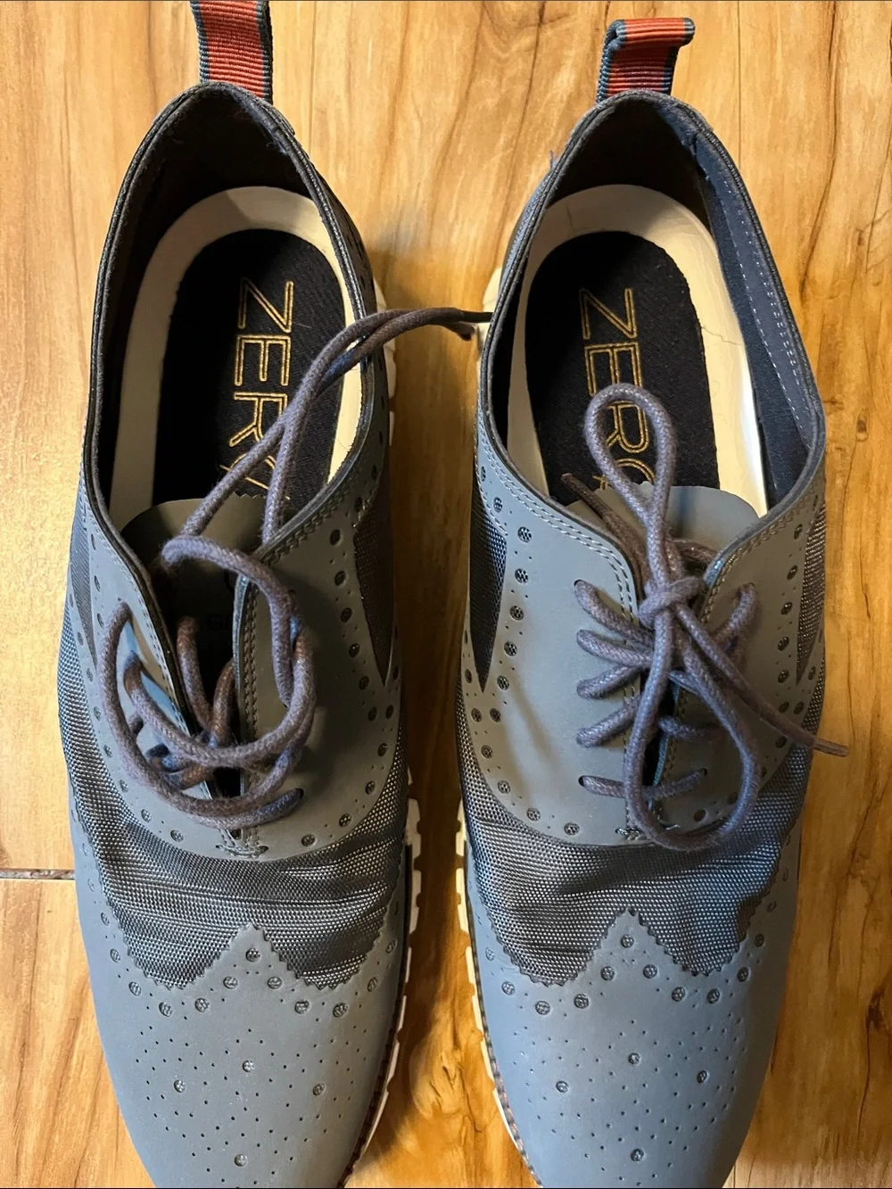 Cole Haan Men’s  Zerogrand Gray Wingtip Hybrid Oxfords with Orange Pull Tab
